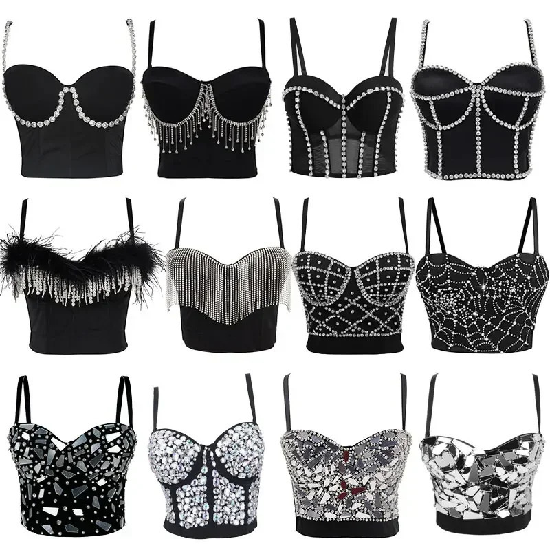 Black Crop Tops White Rhinestone Pearl Sequins Tassel Sleeveless Corset Top 2026 Gothic Harajuku Party Club Sexy Women Camis 260511