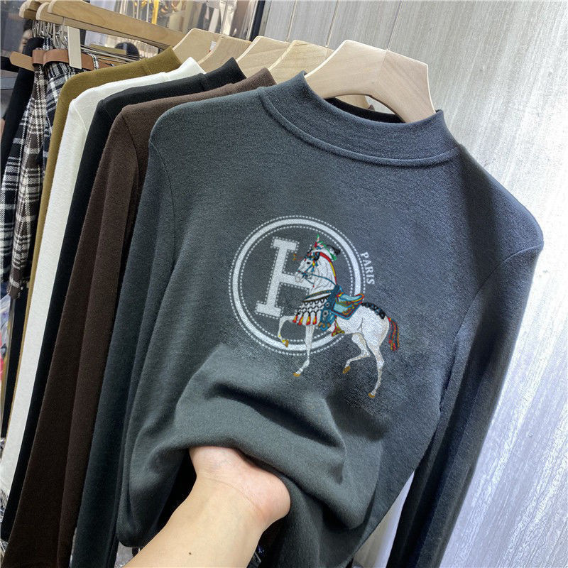 High Quality Designer Women's autumn winter top with a velvet half-high collar, stylish and age-reducing, 2026 new model, brushed long-sleeve T-s - view 4