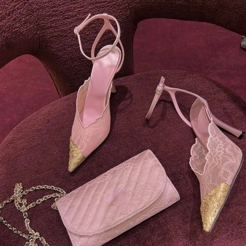 Spring Fashion Lace Sequin Hollow Out Mesh Women Pumps Sexy Pointed Toe ner Low Heels Slingback Sandals 260514