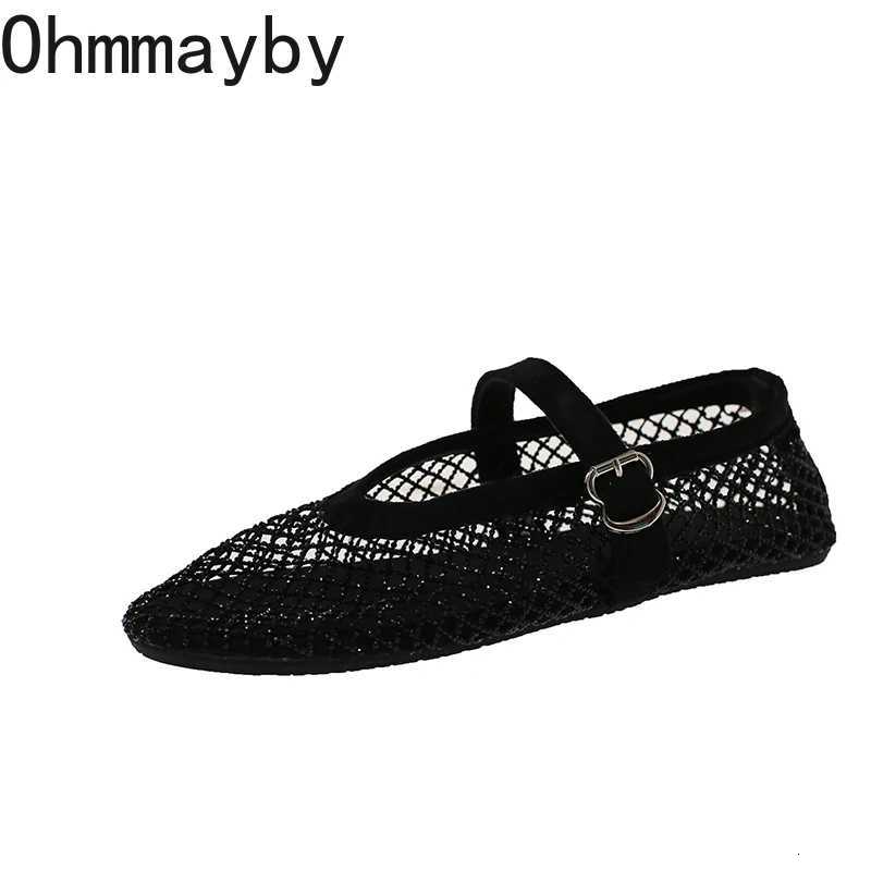Womens Mesh Rhinestone Mary Jane Shoes Round Toe Buckle Strap Ballet Flats Breathable Hollow Out Casual Shoes for Daily Party X260514