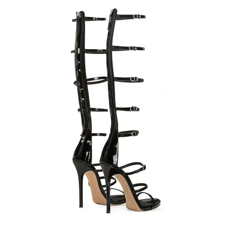 Summer Womens Cool Boots Sexy 10cm High Heel Sandals Buckle Black Gold Dress Party Womans Knee Boots Big Size 36-43 260514
