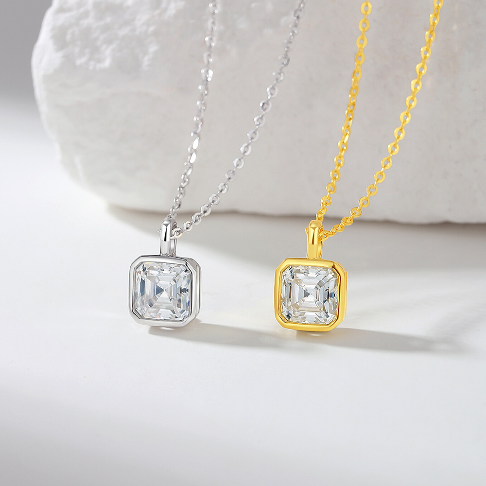 TaiYang 925 Sterling Silver 6.5mm Moissanite Necklace Women French Square Bezel Setting Chamfered Pendant Minimalist Sparkling Clavicle Chain Fine Jew
