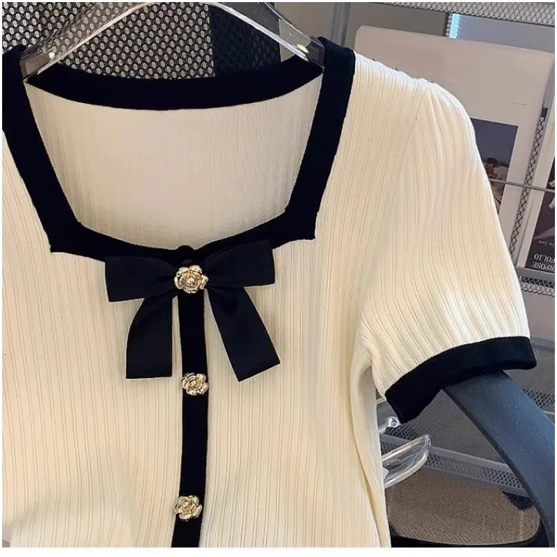 Womens Graceful Square Patchwork Bowknot Slim Knit T Shirts Lady Summer Short Sleeve Daily Joker Tops Female 260514