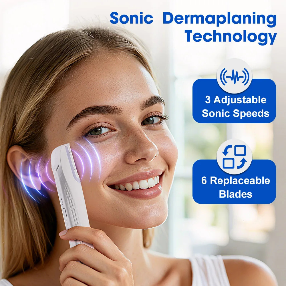 Sonic Dermaplaning Razor Woman Facial Exfoliation Hair Fuzz Remover Beard And Eyebrow Trimmer With Light 6 Replacement Blade 260514 - view 4