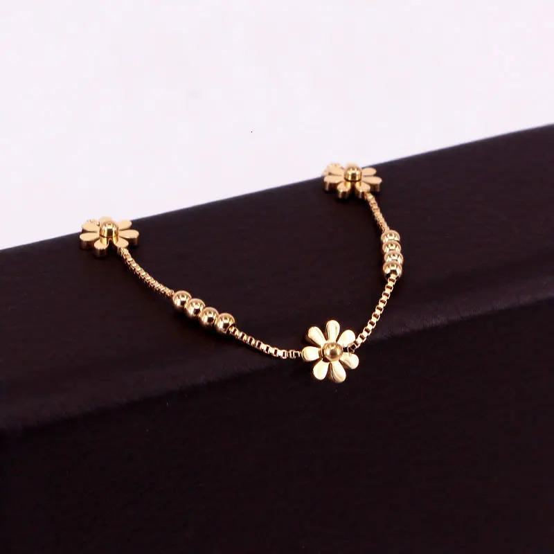High Quality Box Chain Chrysanthemum And Beads Woman Anklet Stainless Steel Gold And Rose Color Gift 260512