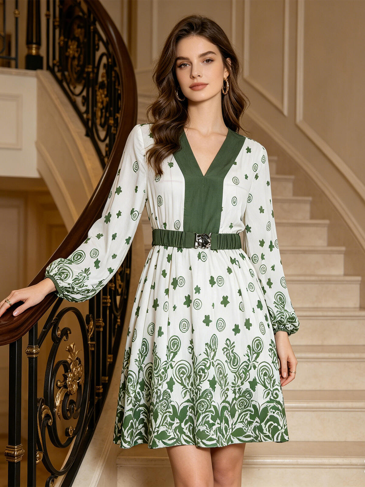 Spring and Autumn Luxury Style Color-Contrasting Patchwork Floral Dress - High-Waisted Metal Clasp Belt Long-Sleeved Vacation Date Dress