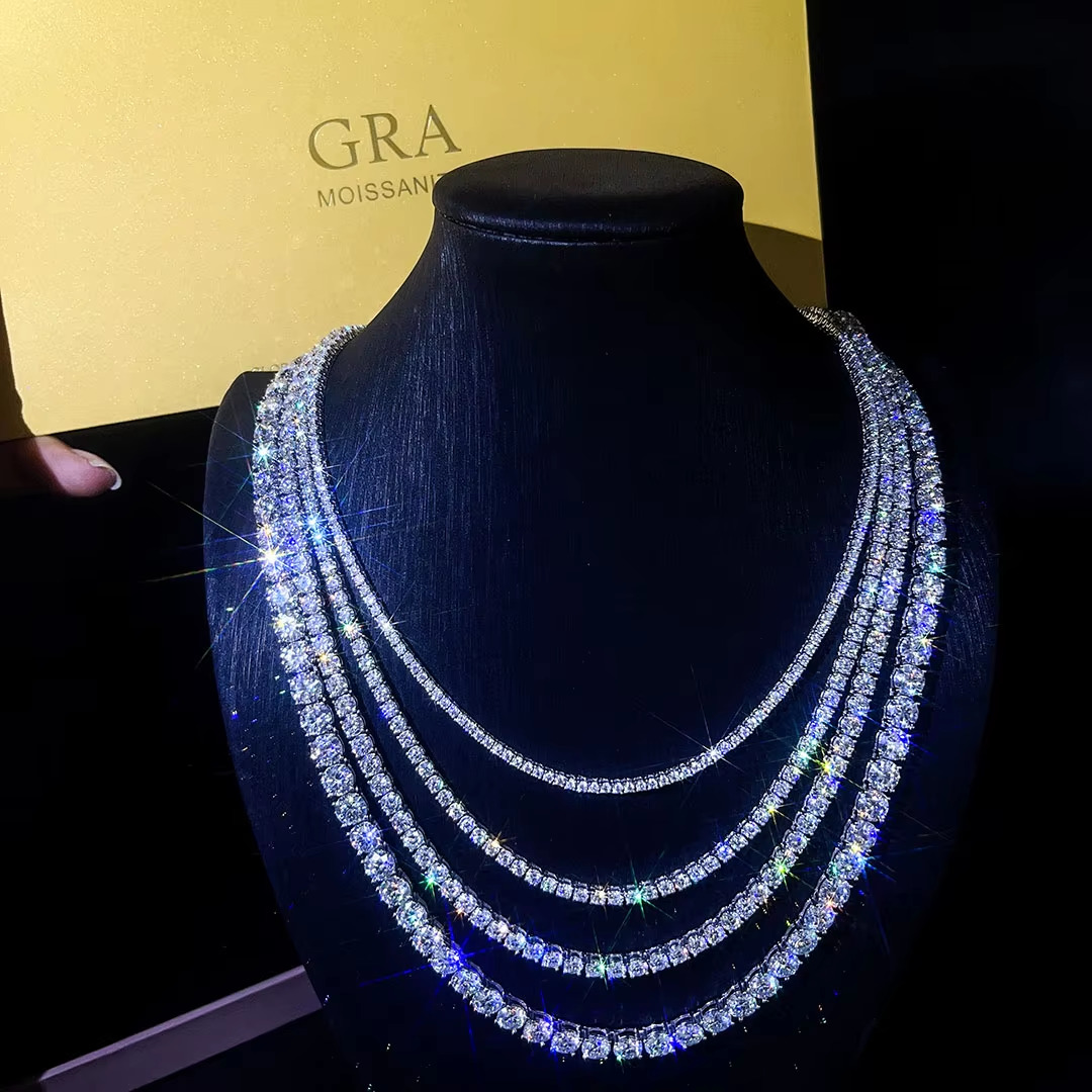 Factory Direct Sale Mens Womens Premium S925 Silver Iced Tennis Chain 2mm 7-24inch Moissanite Necklace Moissanite Necklace