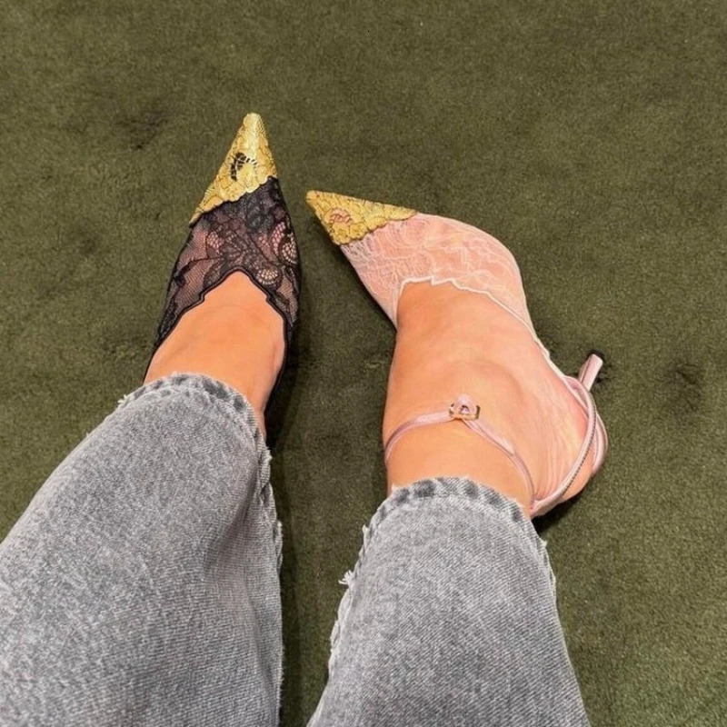 Spring Fashion Lace Sequin Hollow Out Mesh Women Pumps Sexy Pointed Toe ner Low Heels Slingback Sandals 260514