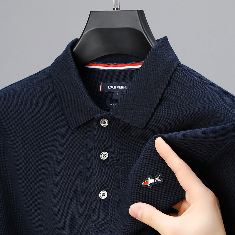 Luxury Brand Designer Mens Deep Navy Blue Shark Embroidered Classic Polo Collar Short Sleeve Soft Cotton Polo Shirt Summer Casual Comfortable Breathab