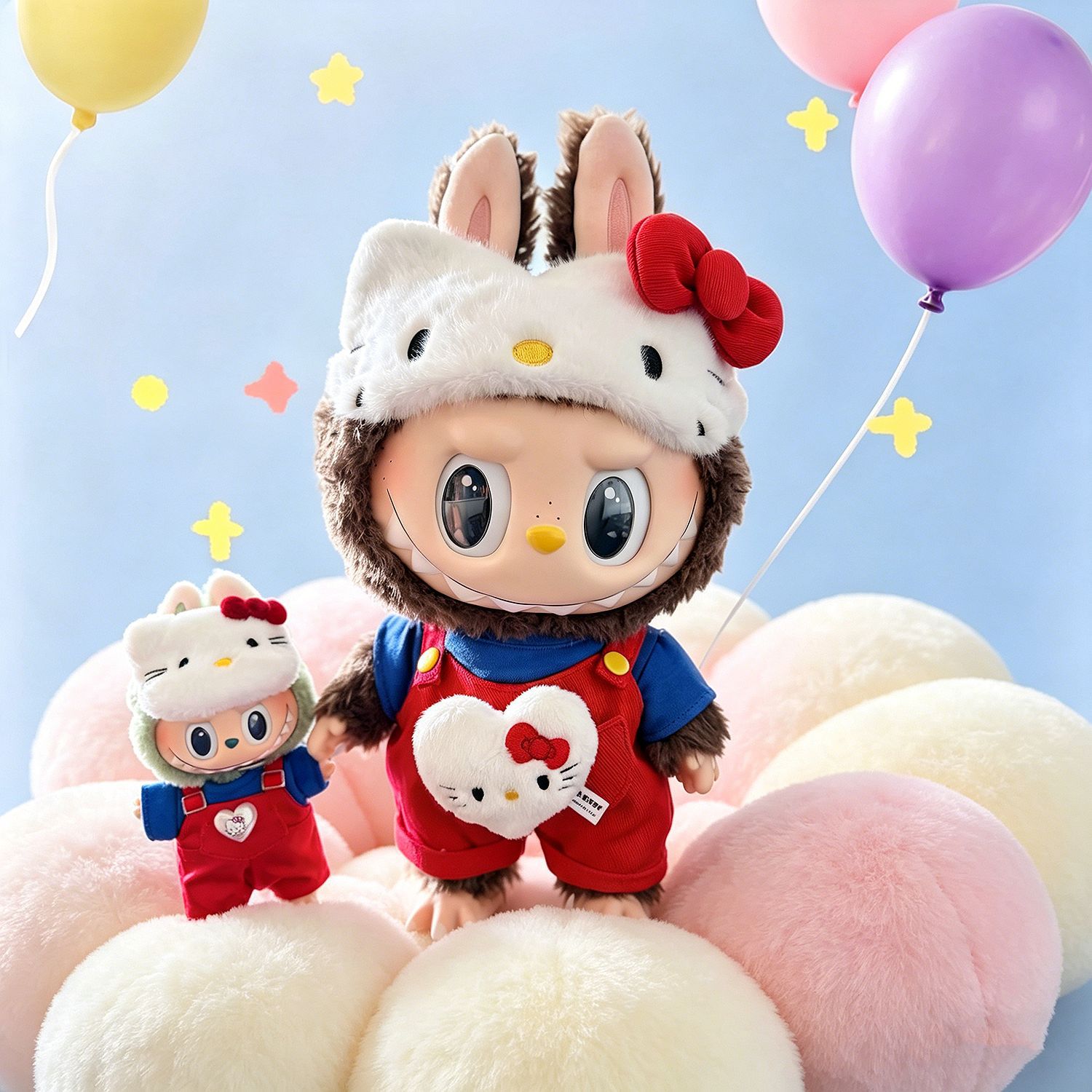 NEW Labubu Doll Clothes Set for 17cm 38cm & 58cm - Overalls, Hello Kitty Eye Mask & Large Chief Style Outfit QIAOWANTONG