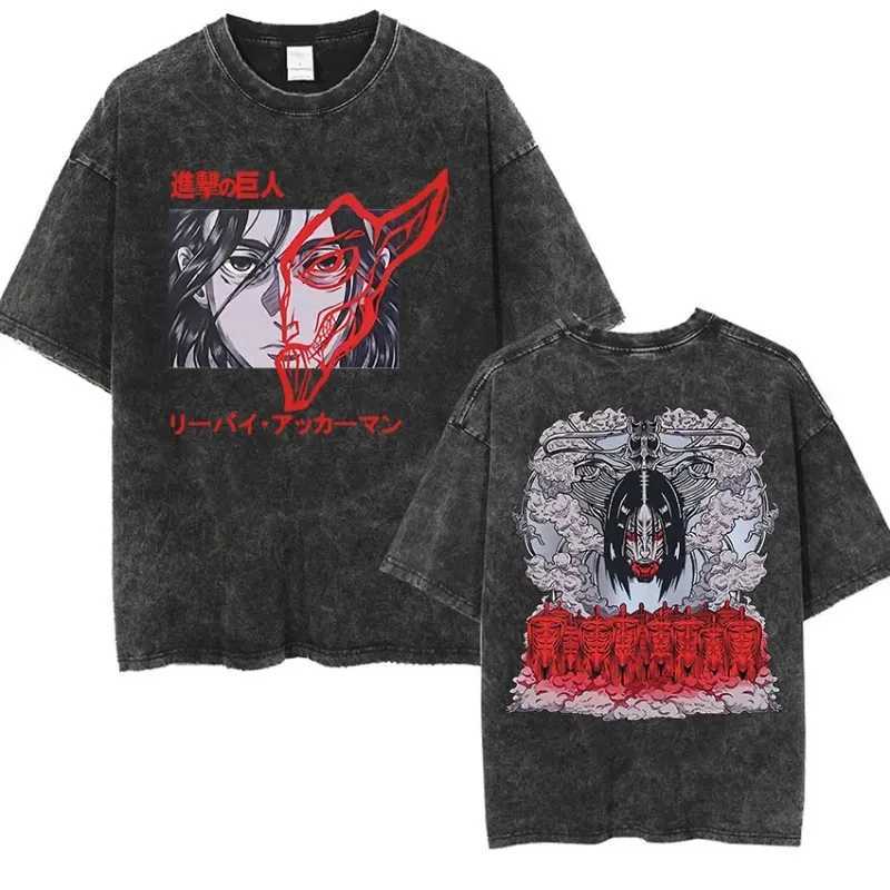 Anime Attack Titan Retro Wash Printed T-shirt Mikasa Ackerman Eren Jaeger Free Wings Pattern Mens Summer T-shirt L260513
