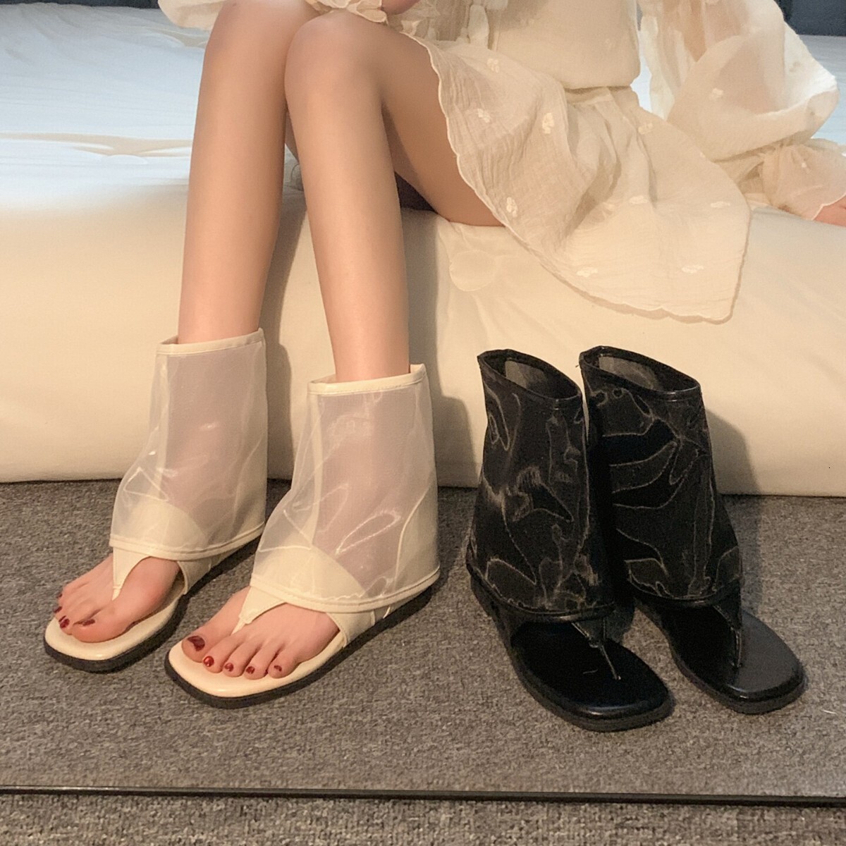 Womens Mesh Thong Sandal Boots Breathable Sheer Mesh Upper Square Toe Flat Sandal Booties Fashion Gifts For Summer Streetwear - view 5