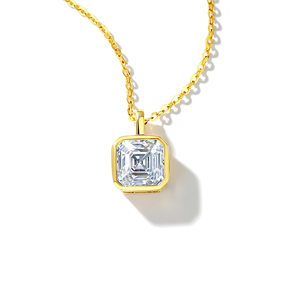 TaiYang 925 Sterling Silver 6.5mm Moissanite Necklace Women French Square Bezel Setting Chamfered Pendant Minimalist Sparkling Clavicle Chain Fine Jew