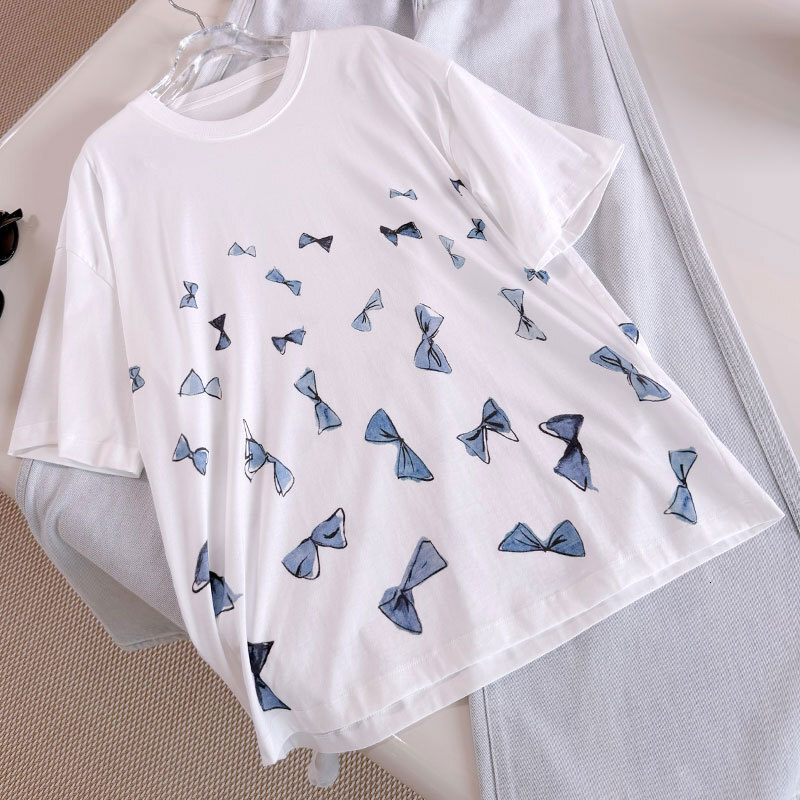 Designer Ladies Bow Jacquard Cotton Crewneck Short Sleeve T-shirt Luxury Classic Pure Cotton Top, Vintage Chic Breathable High Quality Elegant Wear Fo