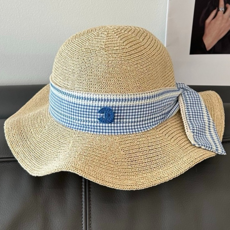 Adjustable Plaid Ribbon Straw Sun Hat Bucket Hat Designer Women Breathable Wide Brim Dome Cap for Women Spring Summer Vacation