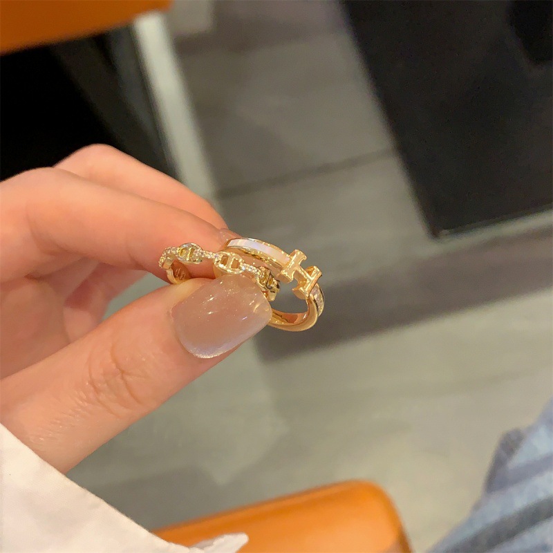 Jewelry Ring Cochon Lettre H avec Coquille Zircone Cubique Ajustable Empilable pour Usage Quotidien Cadeau Texture de Haute Trendy Stuff Letter Ring B