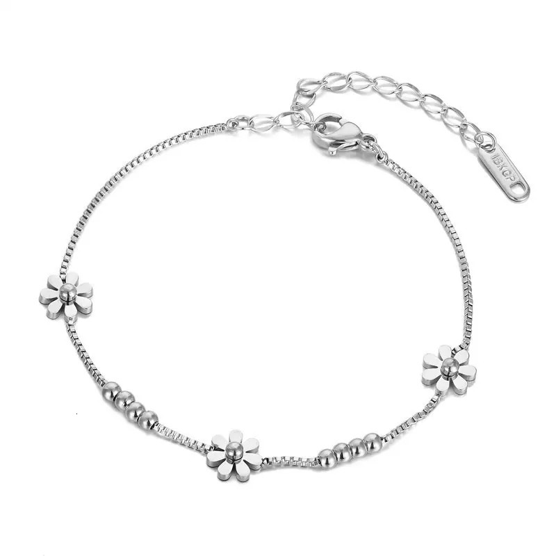 High Quality Box Chain Chrysanthemum And Beads Woman Anklet Stainless Steel Gold And Rose Color Gift 260512