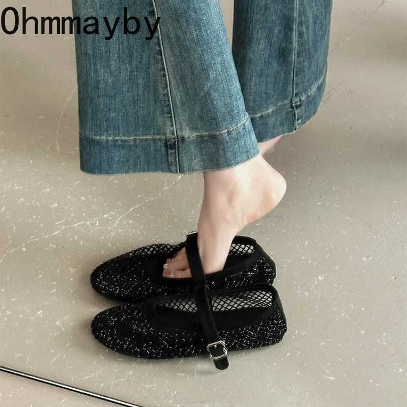 Womens Mesh Rhinestone Mary Jane Shoes Round Toe Buckle Strap Ballet Flats Breathable Hollow Out Casual Shoes for Daily Party X260514
