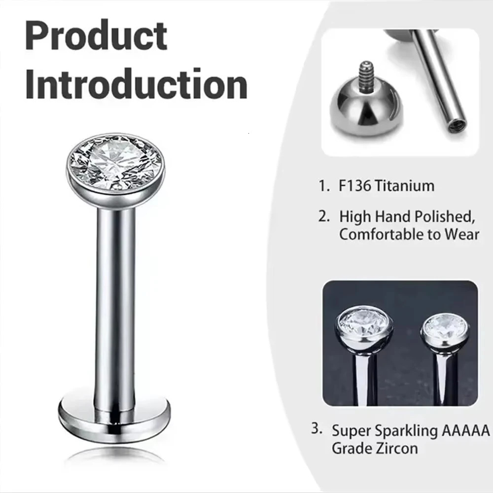 10/50PCS G23 Ttianium Piercing 2/25/3/4mmCZ Labret Lip Stud 16G Internal Thread Stud Earring Ear Tragus Cartilage Helix Jewelry 260512 - view 5