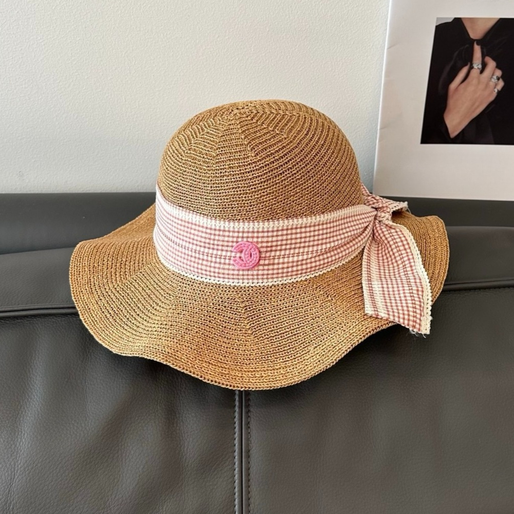 Adjustable Plaid Ribbon Straw Sun Hat Bucket Hat Designer Women Breathable Wide Brim Dome Cap for Women Spring Summer Vacation