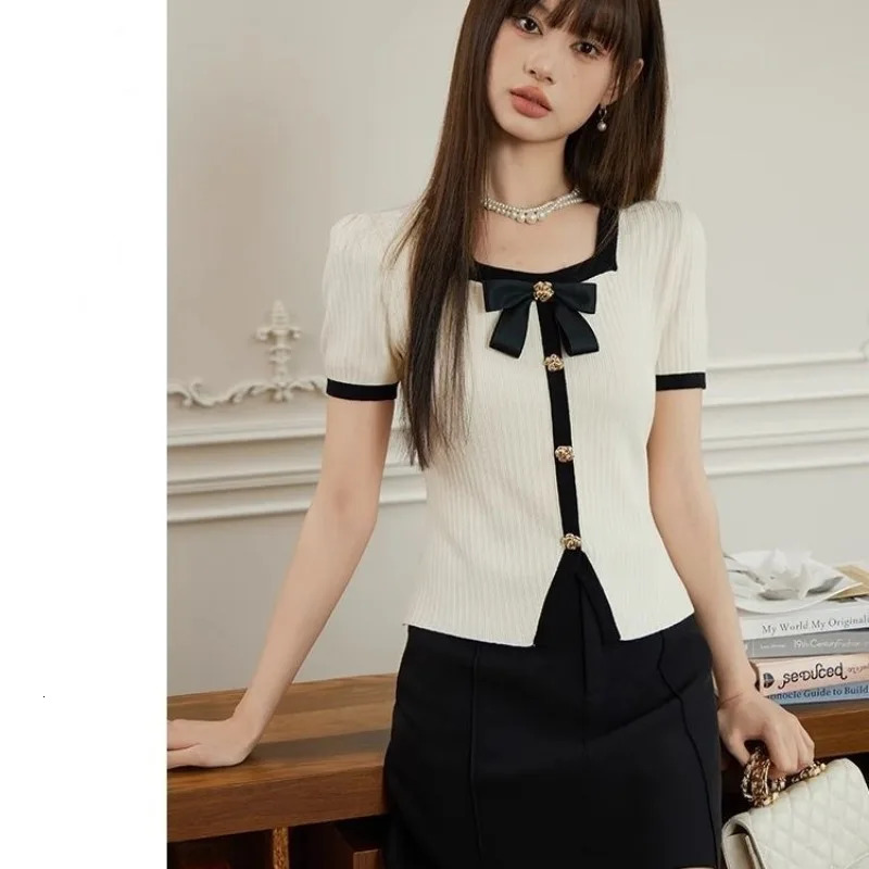 Womens Graceful Square Patchwork Bowknot Slim Knit T Shirts Lady Summer Short Sleeve Daily Joker Tops Female 260514
