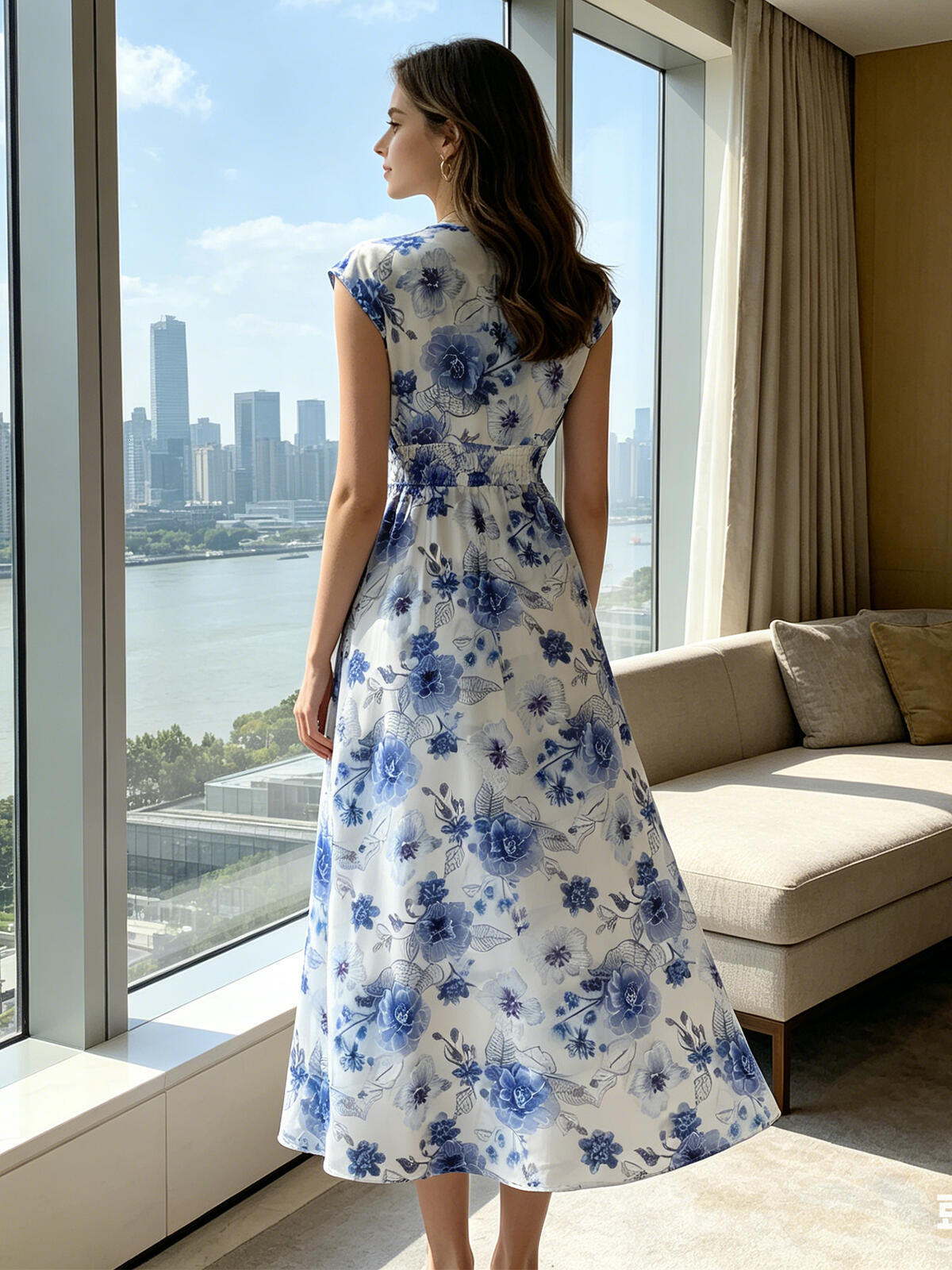Luxury-lite ink-blue floral chiffon long dress. Elegant V-neck high-waisted slimming beach-style floral dress.