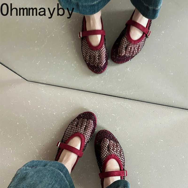 Womens Mesh Rhinestone Mary Jane Shoes Round Toe Buckle Strap Ballet Flats Breathable Hollow Out Casual Shoes for Daily Party X260514