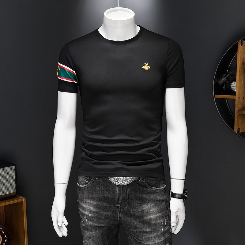 European Bestseller Men's Short 2026 Summer Mercerized Cotton Embroidered Round Neck T-Shirt Trendy Brand Base Layer Half Sleeve Shirt