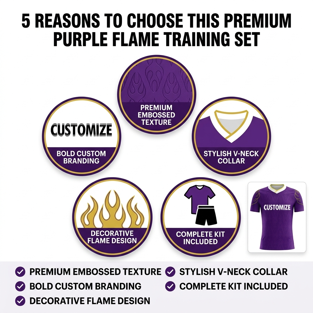 Custom Soccer Jersey Set Men Purple with Flame Print Football Uniform with Shorts Personalized Name Number Breathable Quick Dry Kit - view 7