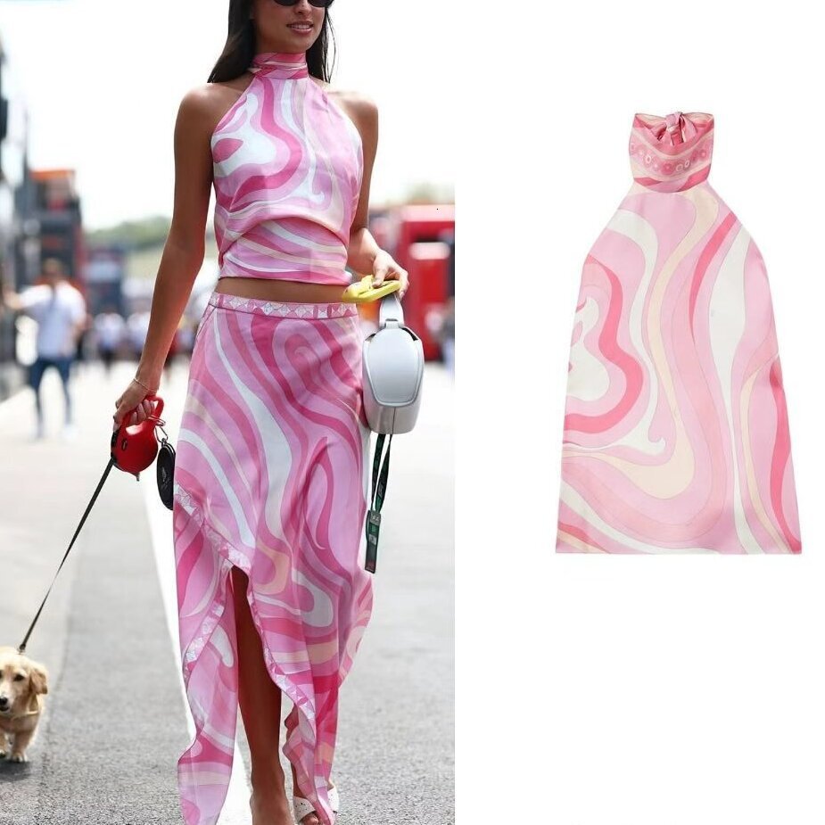 Designer 2026 New Summer Sexy Positioning Printed Satin Tie Top and Skirt Two-Piece Set for Women - view 4