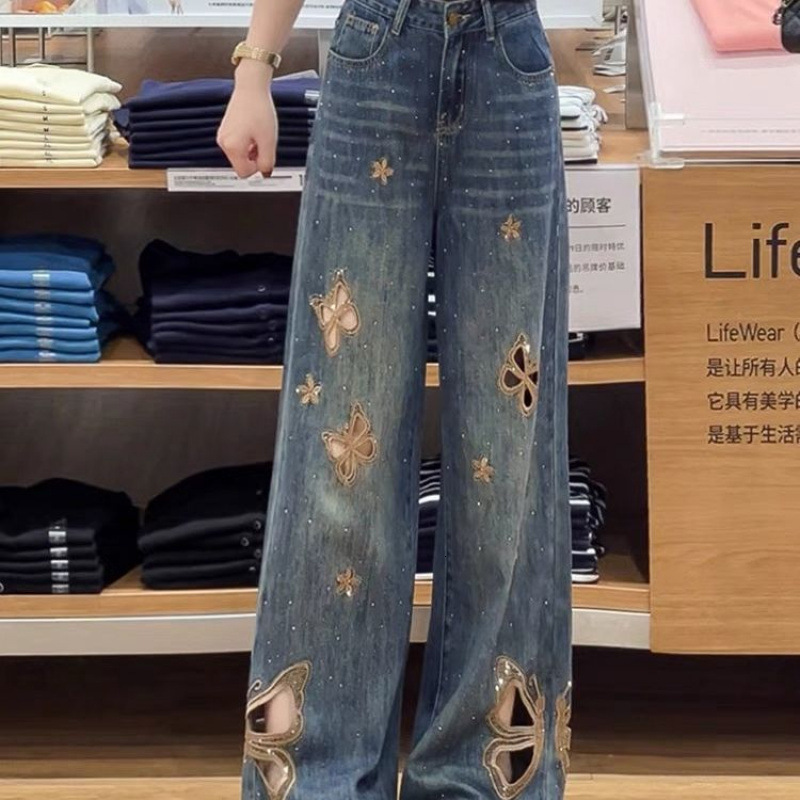 Designer Luxury Women's High Waisted Jeans Summer New Heavy Hollow Embroidery Butterfly Inlaid Diamond Slimming Fashion Trend Outdoor Casual Pant