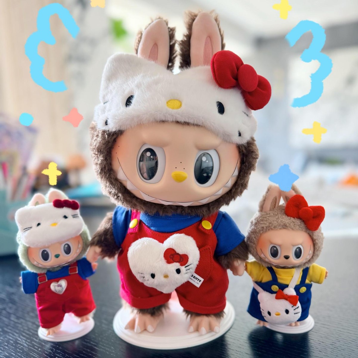 NEW Labubu Doll Clothes Set for 17cm 38cm & 58cm - Overalls, Hello Kitty Eye Mask & Large Chief Style Outfit QIAOWANTONG