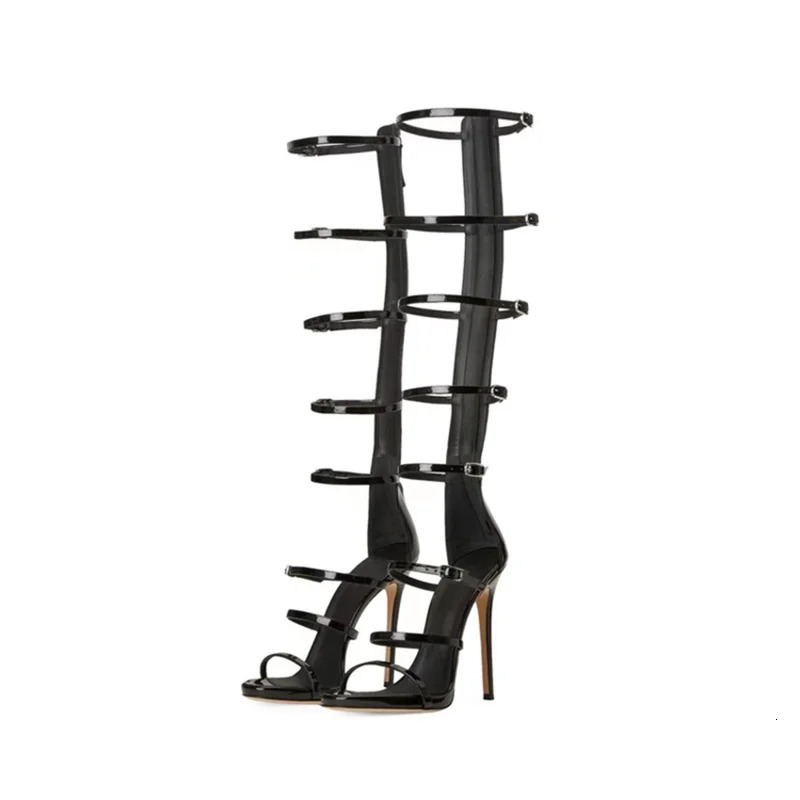 Summer Womens Cool Boots Sexy 10cm High Heel Sandals Buckle Black Gold Dress Party Womans Knee Boots Big Size 36-43 260514