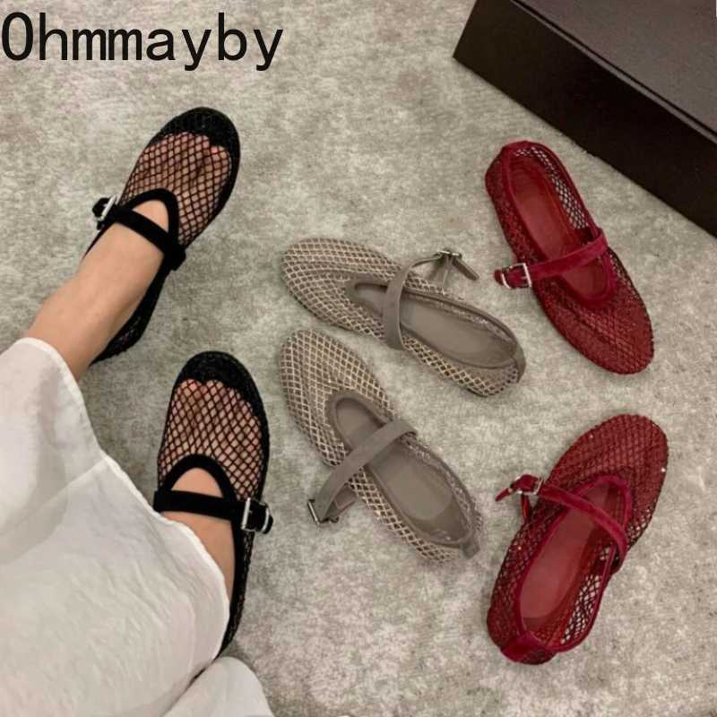 Womens Mesh Rhinestone Mary Jane Shoes Round Toe Buckle Strap Ballet Flats Breathable Hollow Out Casual Shoes for Daily Party X260514