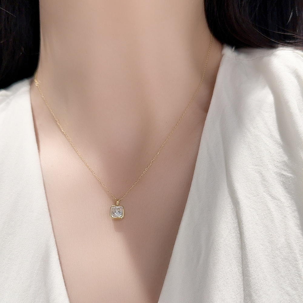 TaiYang 925 Sterling Silver 6.5mm Moissanite Necklace Women French Square Bezel Setting Chamfered Pendant Minimalist Sparkling Clavicle Chain Fine Jew