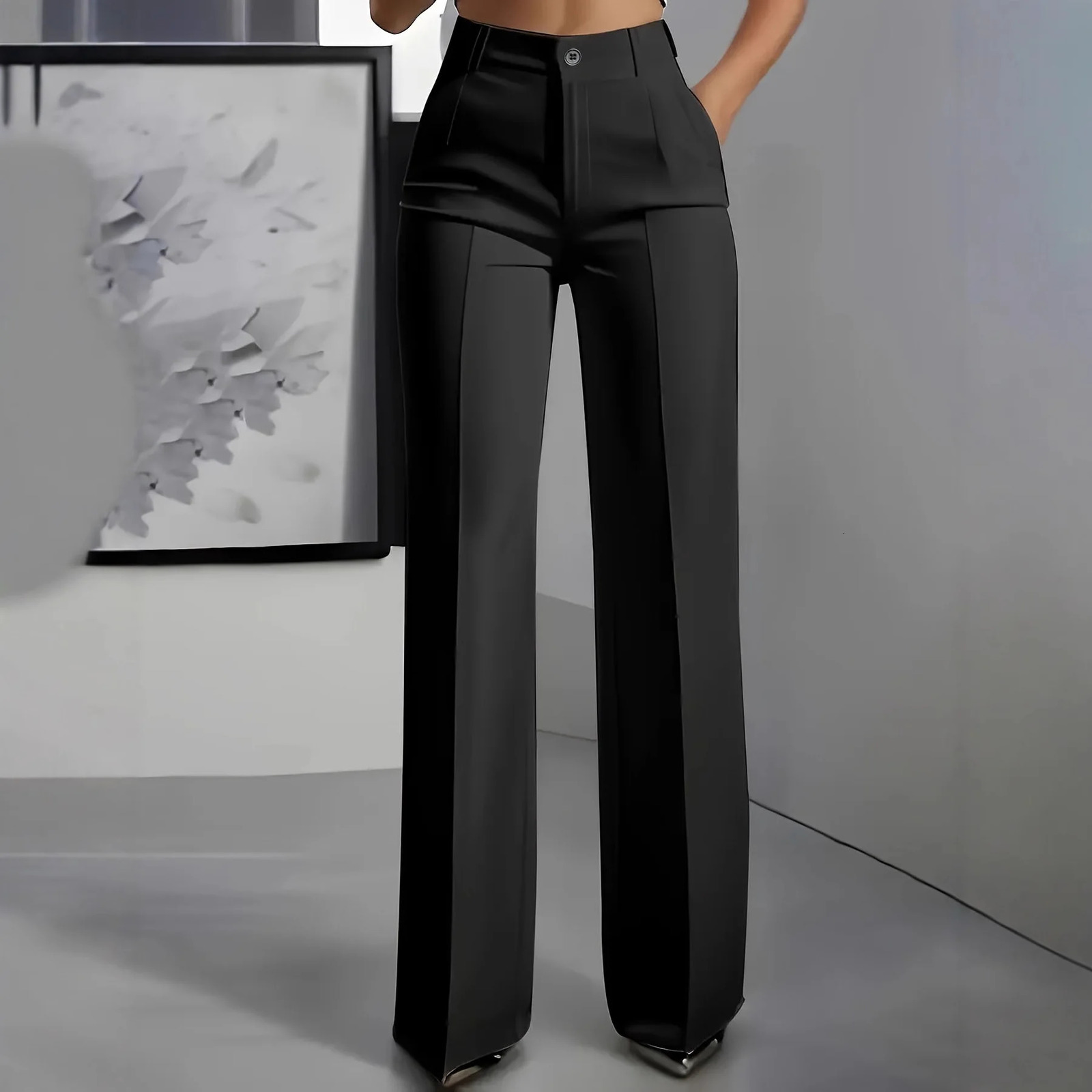 Womens HighWaisted StraightLeg Trousers Formal Office SlimFit Cut Classic SolidColour Suit 260511