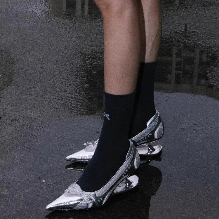 Bow Mary Jane Sport Retro Pointed Toe Shallow Mouth Splice Surface Suspension Heel AntiSlip WearResistant High Heels 260514