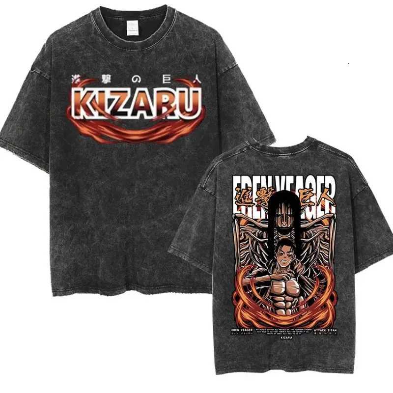 Anime Attack Titan Retro Wash Printed T-shirt Mikasa Ackerman Eren Jaeger Free Wings Pattern Mens Summer T-shirt L260513