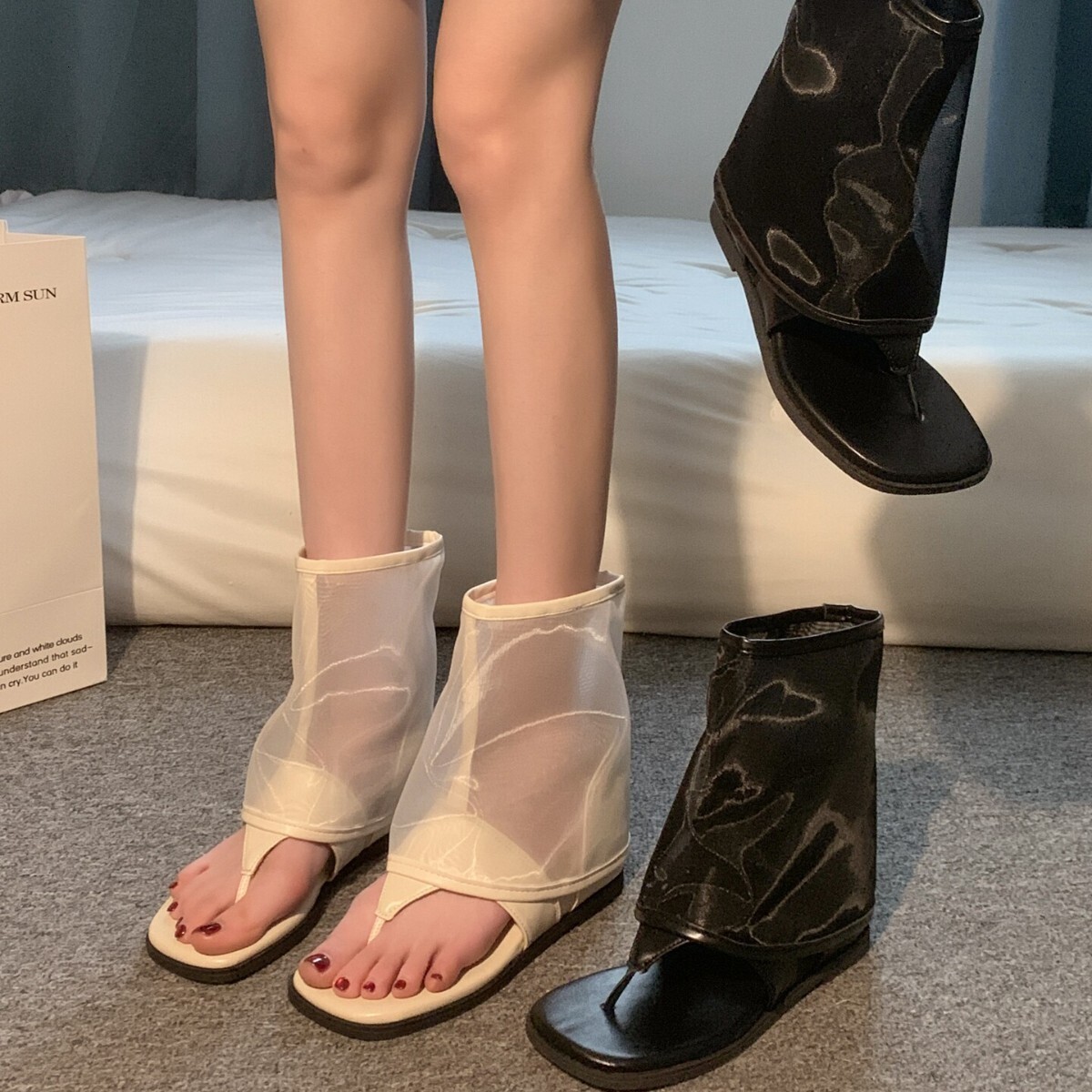 Womens Mesh Thong Sandal Boots Breathable Sheer Mesh Upper Square Toe Flat Sandal Booties Fashion Gifts For Summer Streetwear - view 4