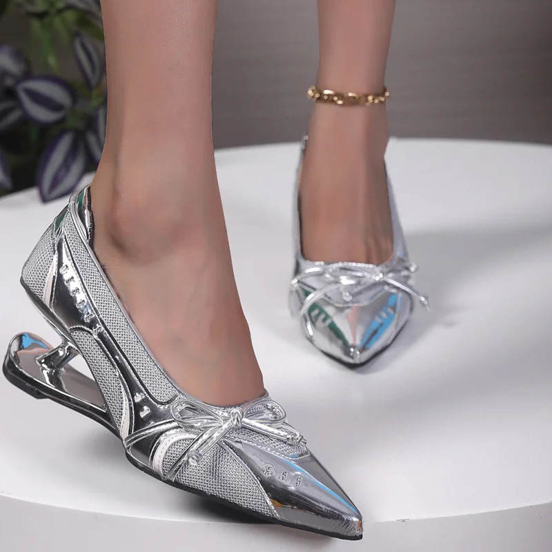 Bow Mary Jane Sport Retro Pointed Toe Shallow Mouth Splice Surface Suspension Heel AntiSlip WearResistant High Heels 260514