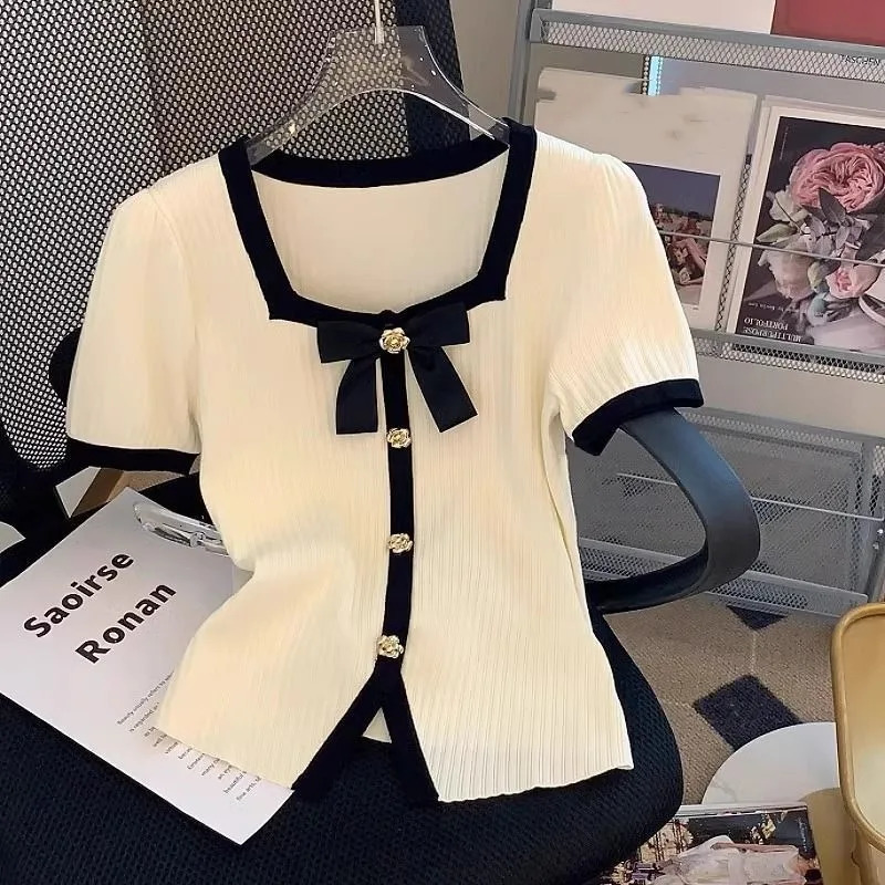Womens Graceful Square Patchwork Bowknot Slim Knit T Shirts Lady Summer Short Sleeve Daily Joker Tops Female 260514