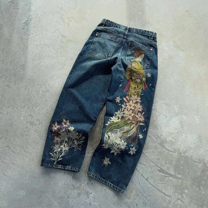 Japanese Kimono Girl Floral Embroidery Woman Wide Leg Waisted Pants Y2k Artistic Design High Waist Trend Women Jeans - view 7