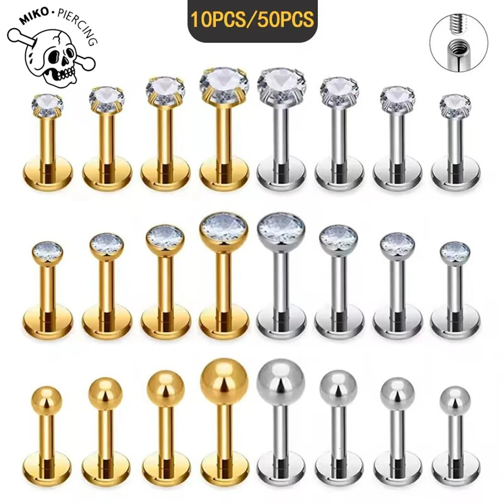 10/50PCS G23 Ttianium Piercing 2/25/3/4mmCZ Labret Lip Stud 16G Internal Thread Stud Earring Ear Tragus Cartilage Helix Jewelry 260512