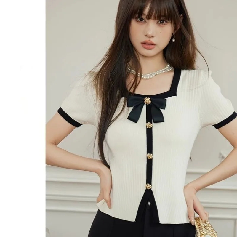 Womens Graceful Square Patchwork Bowknot Slim Knit T Shirts Lady Summer Short Sleeve Daily Joker Tops Female 260514