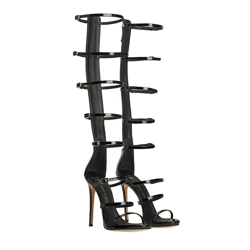Summer Womens Cool Boots Sexy 10cm High Heel Sandals Buckle Black Gold Dress Party Womans Knee Boots Big Size 36-43 260514