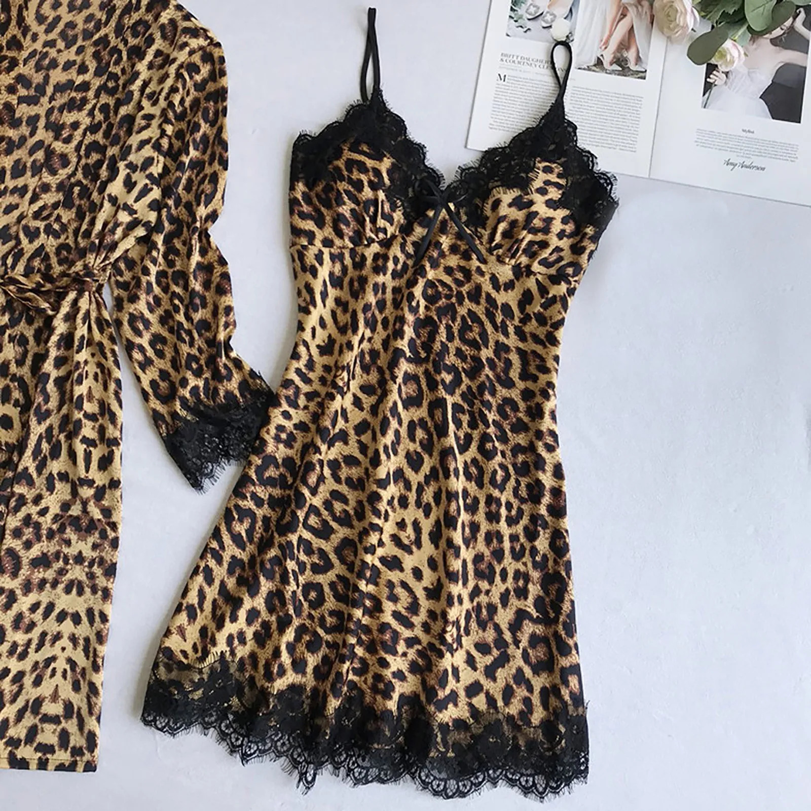 2-Piece Pajamas Sets Women Leopard Print Nightdress With Pads Silk Satin Plus Size Nightgowns Sleepwear Sexy Lingerie Robe Femme 260513 - view 3