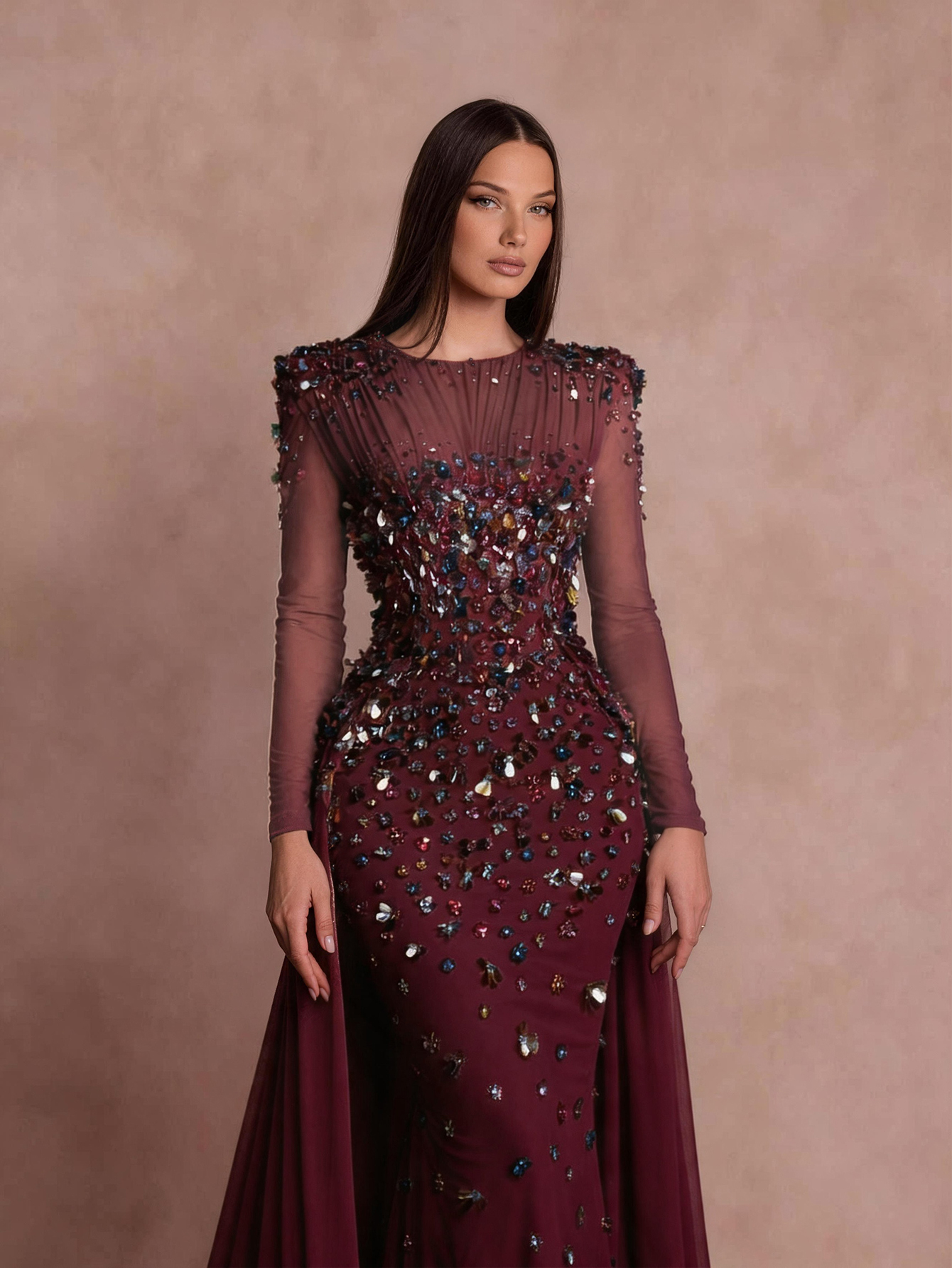 Exquisite Mermaid Evening Dress Handmade Crystal O Neck Prom Gowns Luxury Long Sleeve Floor-Length Party Dresses Customized