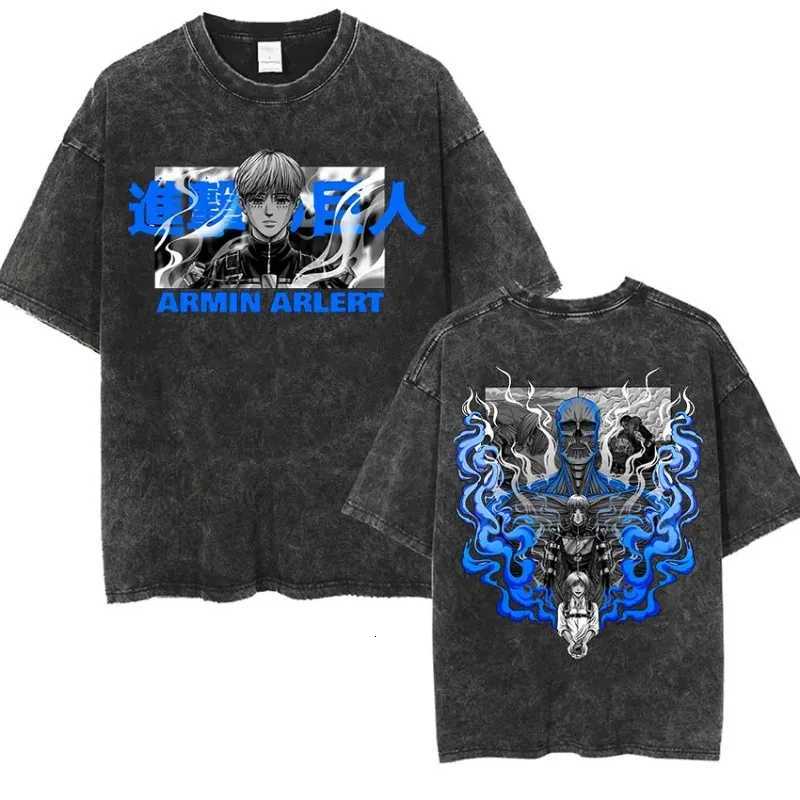 Anime Attack Titan Retro Wash Printed T-shirt Mikasa Ackerman Eren Jaeger Free Wings Pattern Mens Summer T-shirt L260513