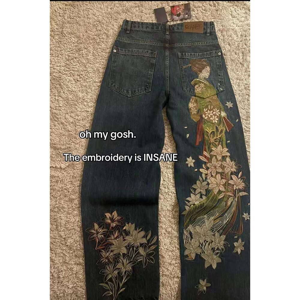 Japanese Kimono Girl Floral Embroidery Woman Wide Leg Waisted Pants Y2k Artistic Design High Waist Trend Women Jeans