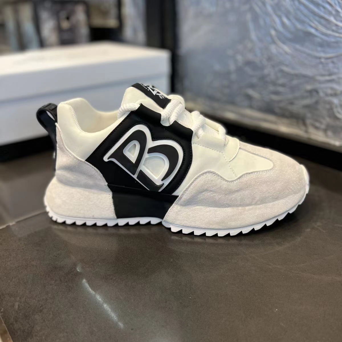 Mens Black White Color Block Casual Sneakers Suede And Leather Combination